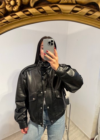 Düğmeli Siyah Deri Kadın Ceket - Görsel 2