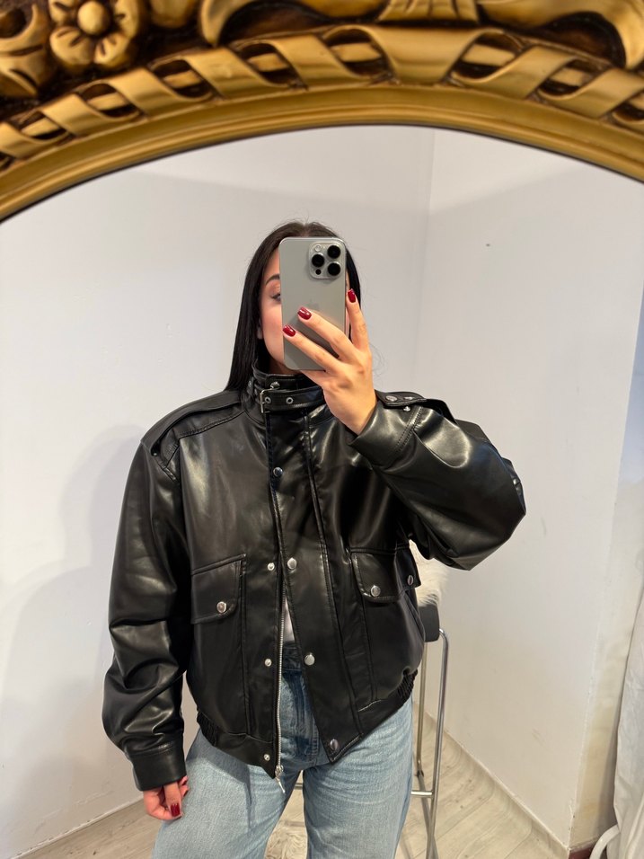 Düğmeli Siyah Deri Kadın Ceket - Görsel 2