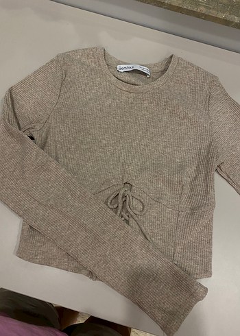l Beden camel Renk Bej Kadın Triko Uzun Kollu crop