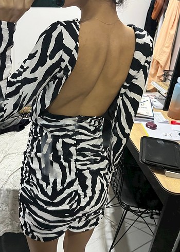 Zebra Desenli Uzun Kollu Mini Elbise - Görsel 2