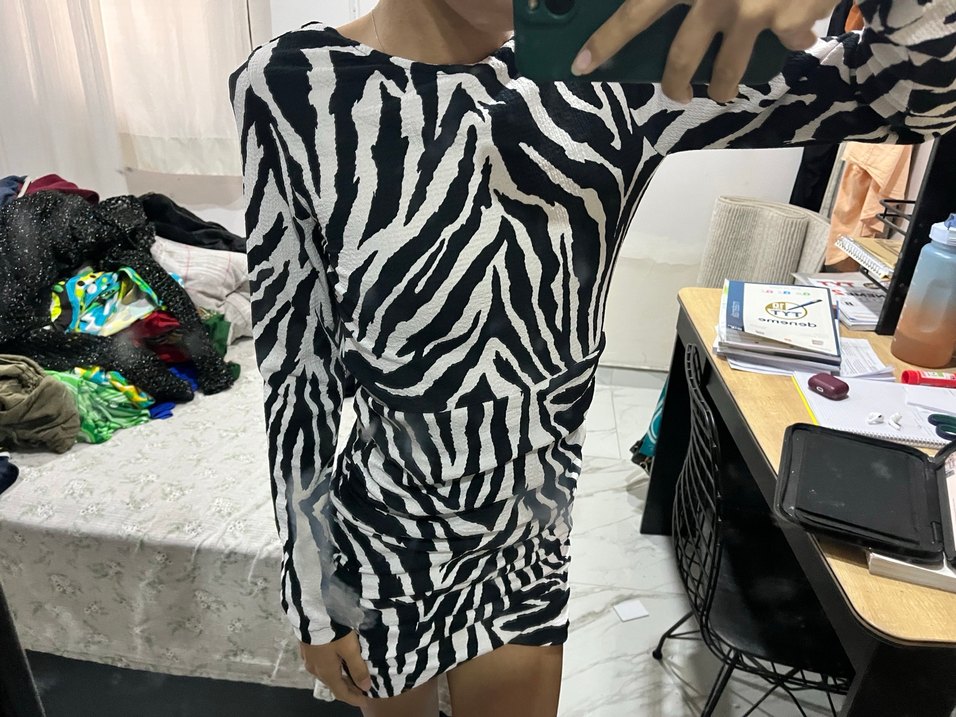 Zebra Desenli Uzun Kollu Mini Elbise - Görsel 3