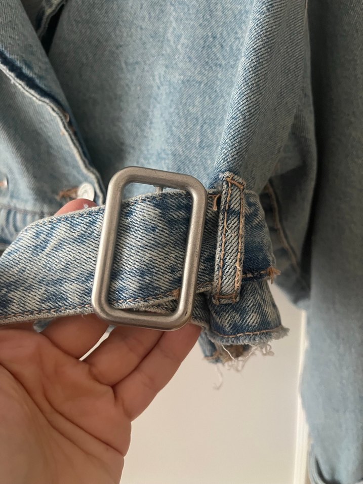 Zara Beli Kemerli Kadın Mavi Denim Ceket - Görsel 5