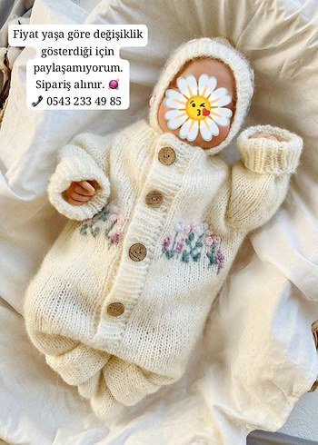 sipariş alınır  Kapüşonlu Beyaz Nakışlı Örgü Bebek Tulumu - Görsel 2