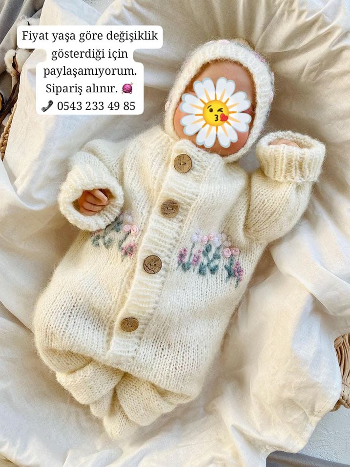 sipariş alınır  Kapüşonlu Beyaz Nakışlı Örgü Bebek Tulumu - Görsel 2