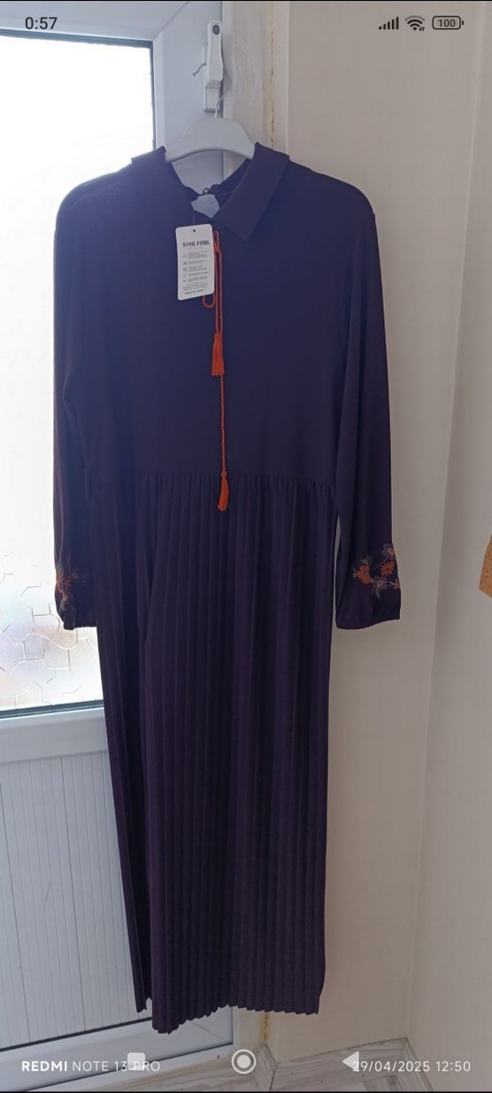 Uzun Mor Bohem Nakışlı Elbise - Görsel 2