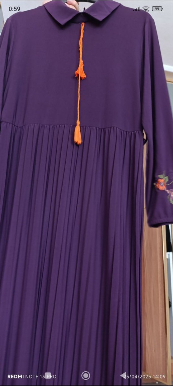 Uzun Mor Bohem Nakışlı Elbise - Görsel 4