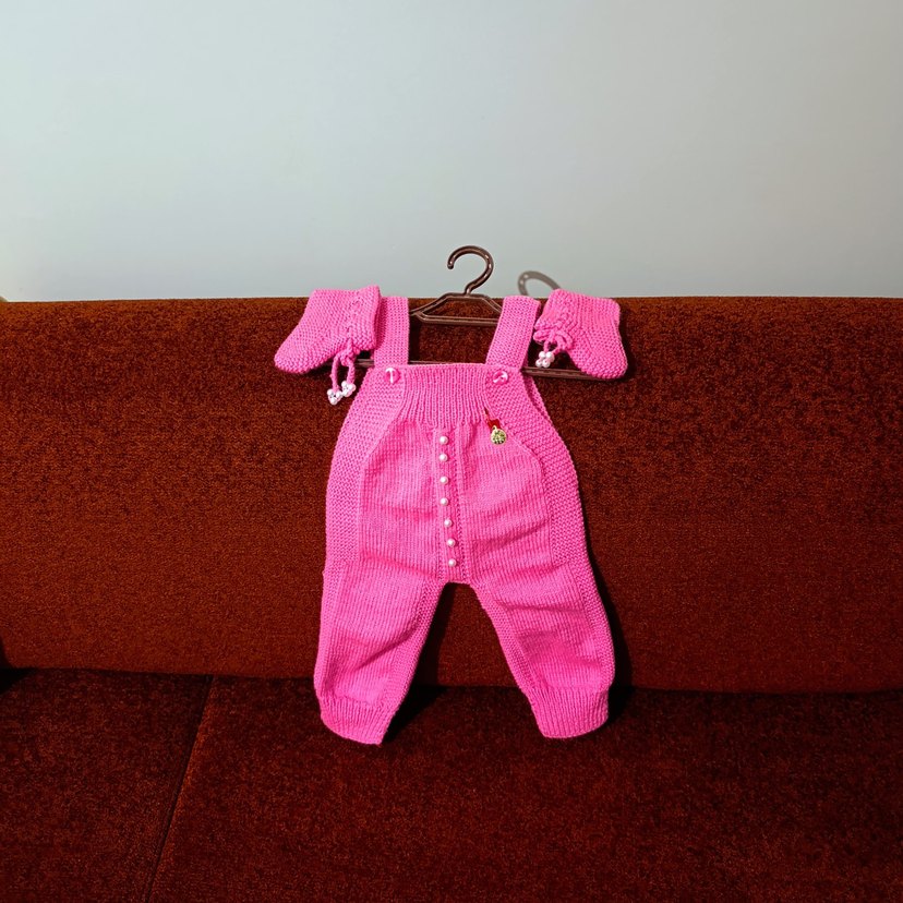 Pembe Nakışlı Örgü Bebek Tulumu - Görsel 2