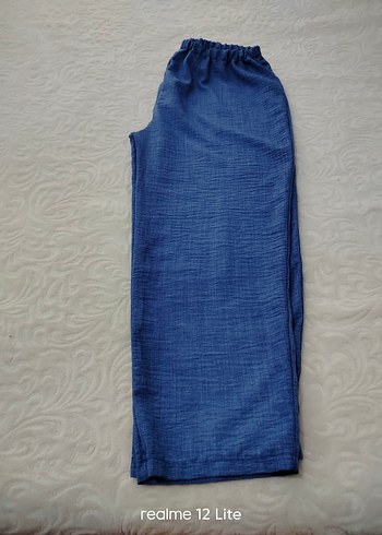 Linen Kumaş Mavi Geniş Paça Pantolon 1 defa giyildi - Görsel 3