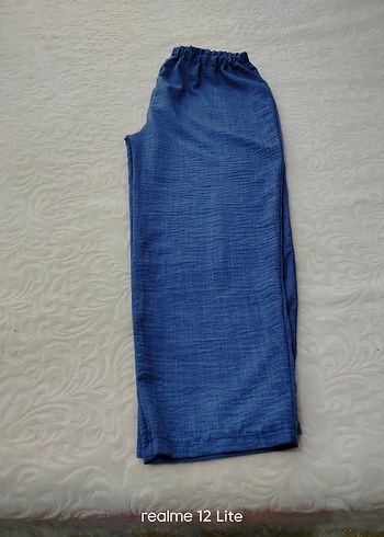Linen Kumaş Mavi Geniş Paça Pantolon 1 defa giyildi - Görsel 2
