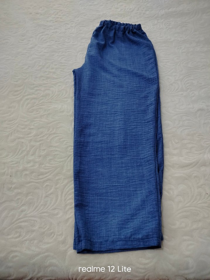 Linen Kumaş Mavi Geniş Paça Pantolon 1 defa giyildi - Görsel 3