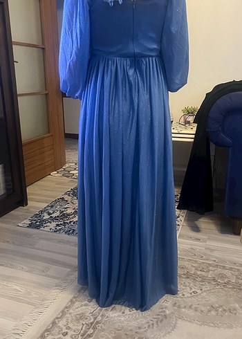 simli Mavi Uzun Kollu Bohem Düğün Elbisesi - Görsel 3