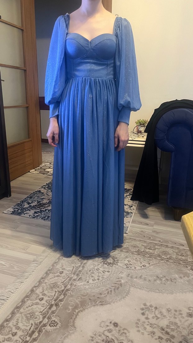 simli Mavi Uzun Kollu Bohem Düğün Elbisesi - Görsel 2