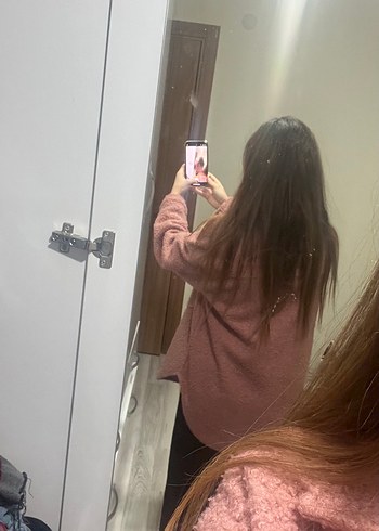 kuzu kürk Pembe Kadın Midi Boy Rahat Ceket - Görsel 4