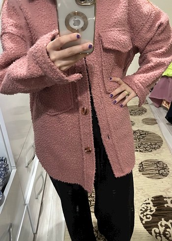 kuzu kürk Pembe Kadın Midi Boy Rahat Ceket - Görsel 3