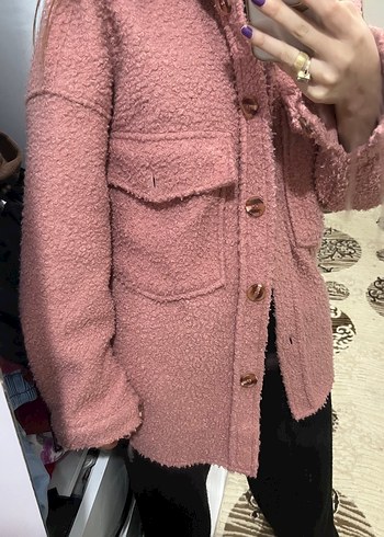kuzu kürk Pembe Kadın Midi Boy Rahat Ceket - Görsel 2