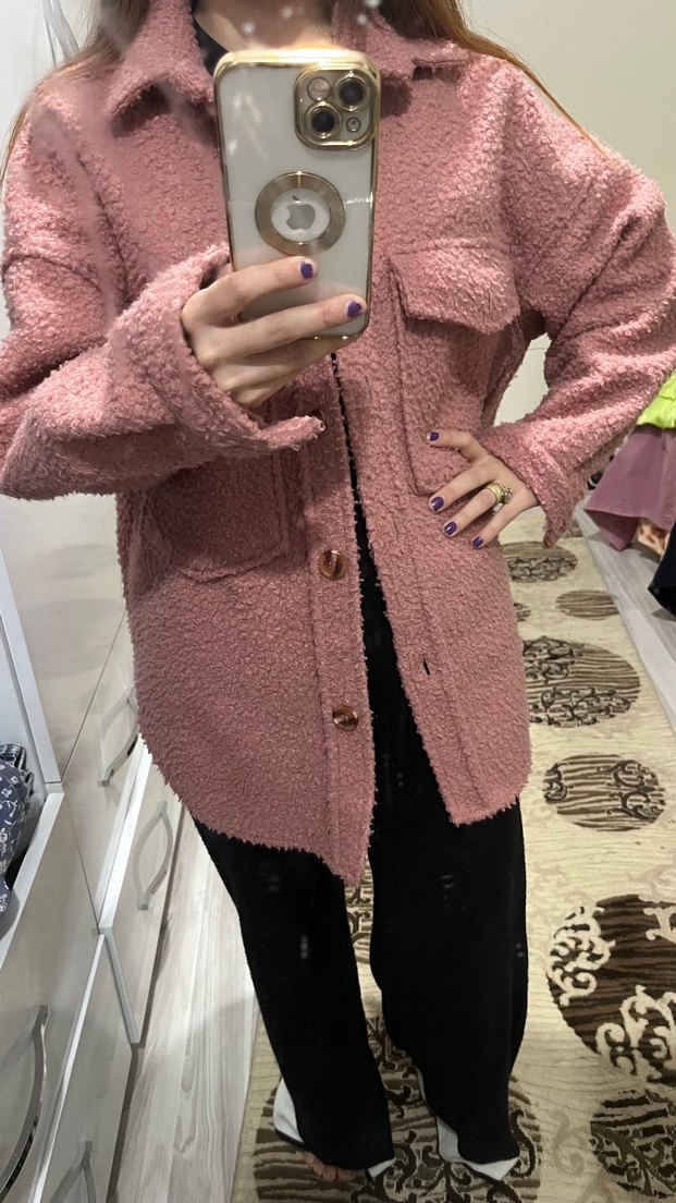 kuzu kürk Pembe Kadın Midi Boy Rahat Ceket - Görsel 3