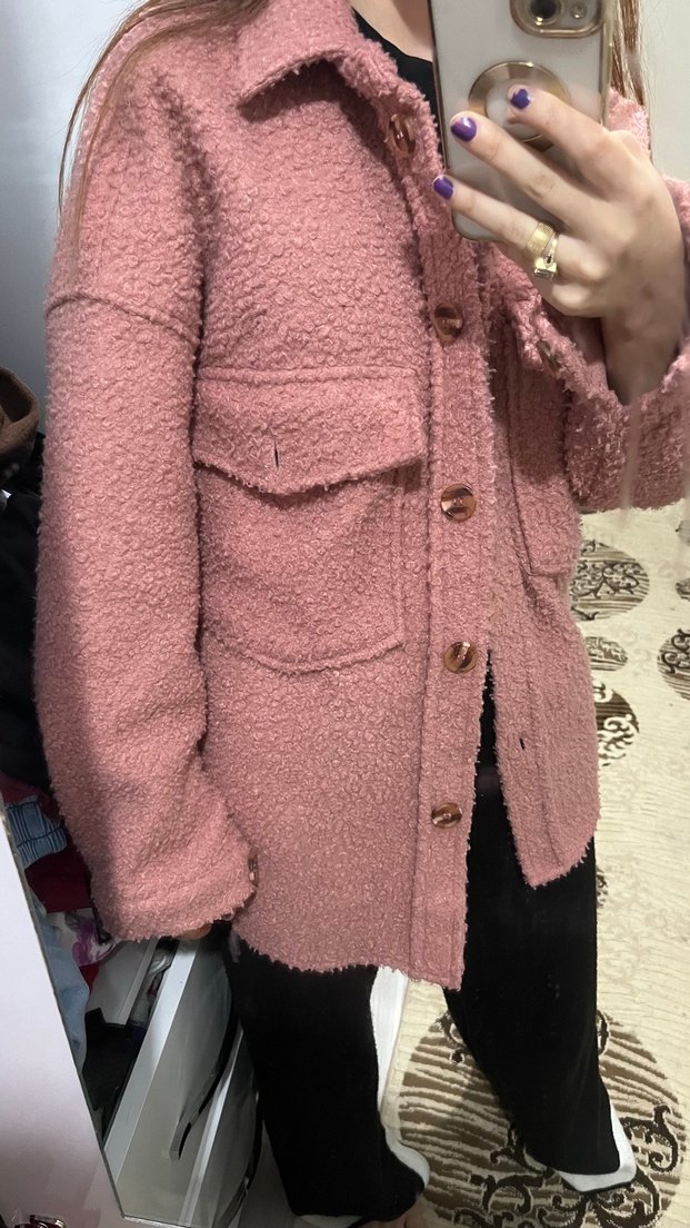 kuzu kürk Pembe Kadın Midi Boy Rahat Ceket - Görsel 2