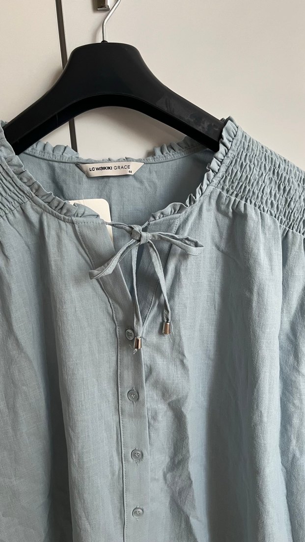 Gri Kadın Keten Uzun Kollu Gömlek - Görsel 2