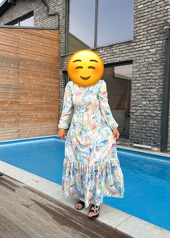 44 Beden çeşitli Renk Bohem Çok Renkli Uzun Kol Elbise