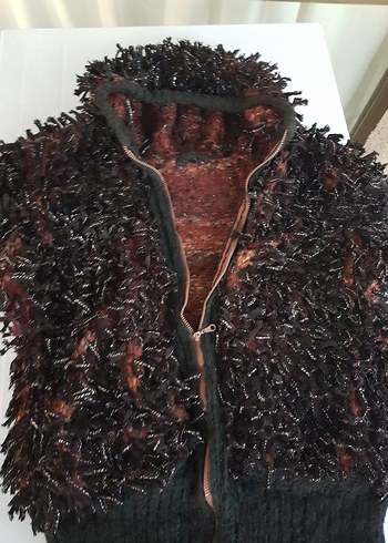 Kahverengi Triko Kapüşonlu El Örgüsü Hırka / Ceket / Mont - Görsel 2