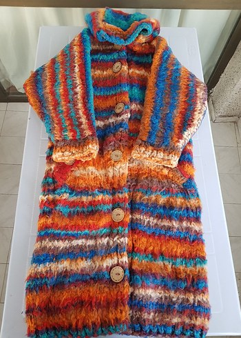 Renkli Desenli Uzun El Örgüsü Astarlı&Şapkalı Mont l/Kaban/Ceket - Görsel 4