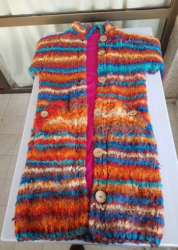 Renkli Desenli Uzun El Örgüsü Astarlı&Şapkalı Mont l/Kaban/Ceket - Görsel 2