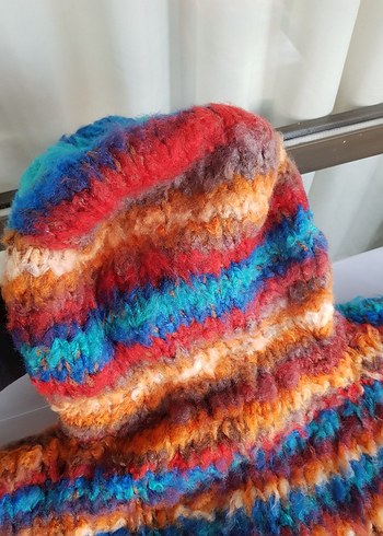 Renkli Desenli Uzun El Örgüsü Astarlı&Şapkalı Mont l/Kaban/Ceket - Görsel 12