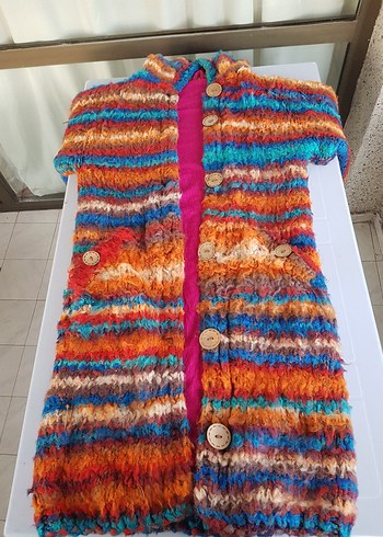 Renkli Desenli Uzun El Örgüsü Astarlı&Şapkalı Mont l/Kaban/Ceket - Görsel 3