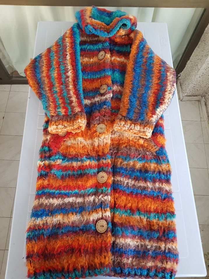 Renkli Desenli Uzun El Örgüsü Astarlı&Şapkalı Mont l/Kaban/Ceket - Görsel 4