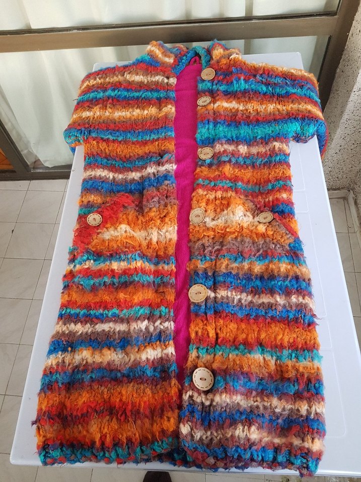 Renkli Desenli Uzun El Örgüsü Astarlı&Şapkalı Mont l/Kaban/Ceket - Görsel 2