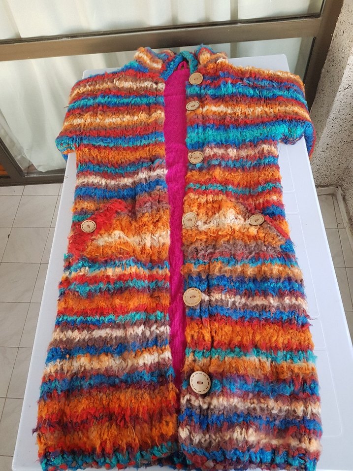 Renkli Desenli Uzun El Örgüsü Astarlı&Şapkalı Mont l/Kaban/Ceket - Görsel 3