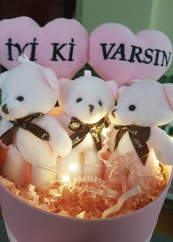 Pembe Peluş Ayıcıklar Kalpli Kutulu Hediyelik Set Ayıcık Buketi - Görsel 3