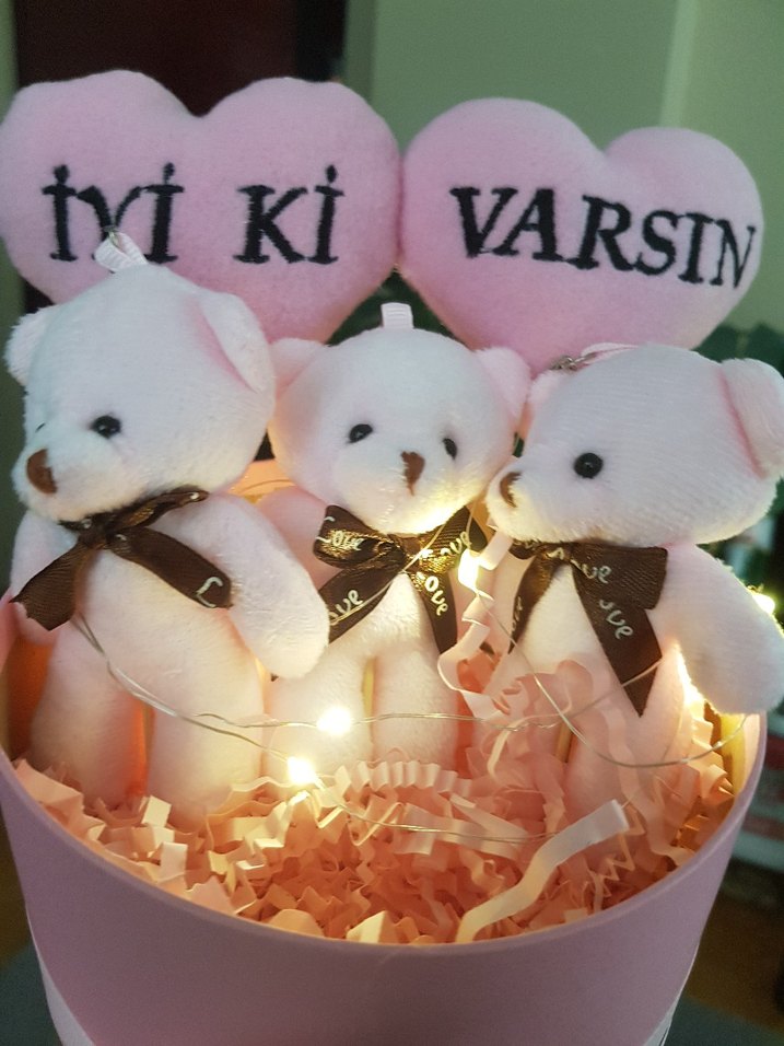 Pembe Peluş Ayıcıklar Kalpli Kutulu Hediyelik Set Ayıcık Buketi - Görsel 3