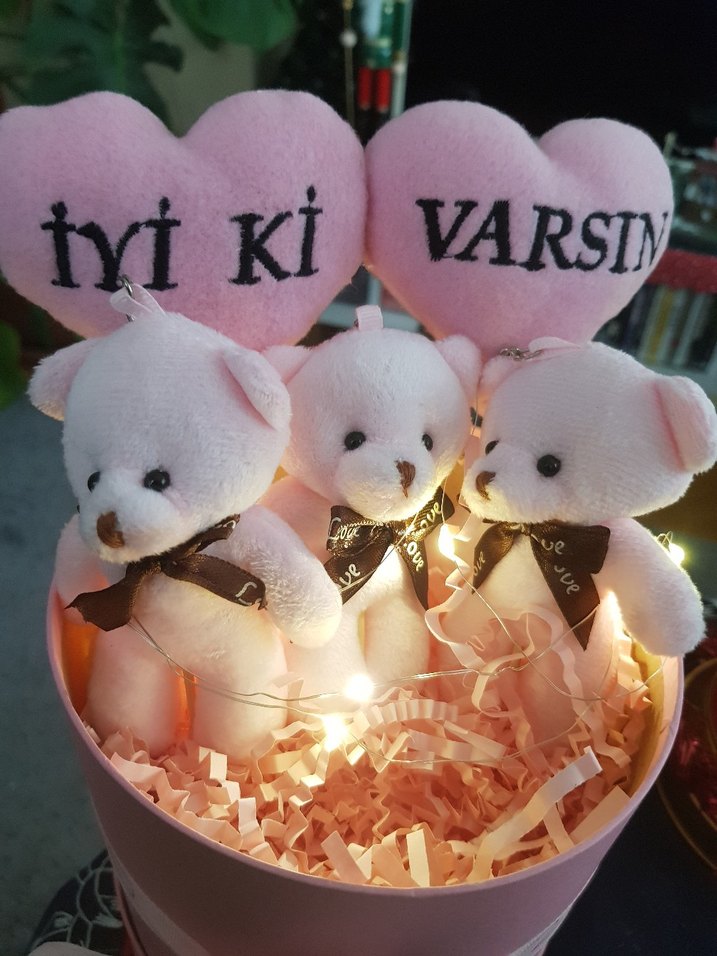 Pembe Peluş Ayıcıklar Kalpli Kutulu Hediyelik Set Ayıcık Buketi - Görsel 4