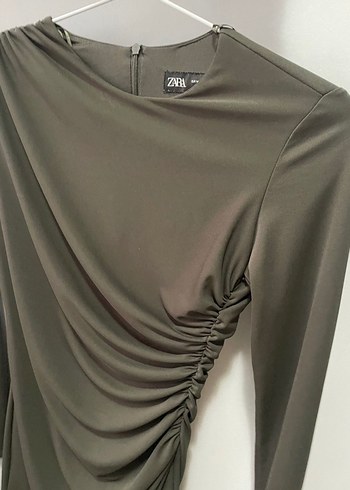 Uzun Kollu, Drapeli Haki Kadın Elbise - Görsel 3