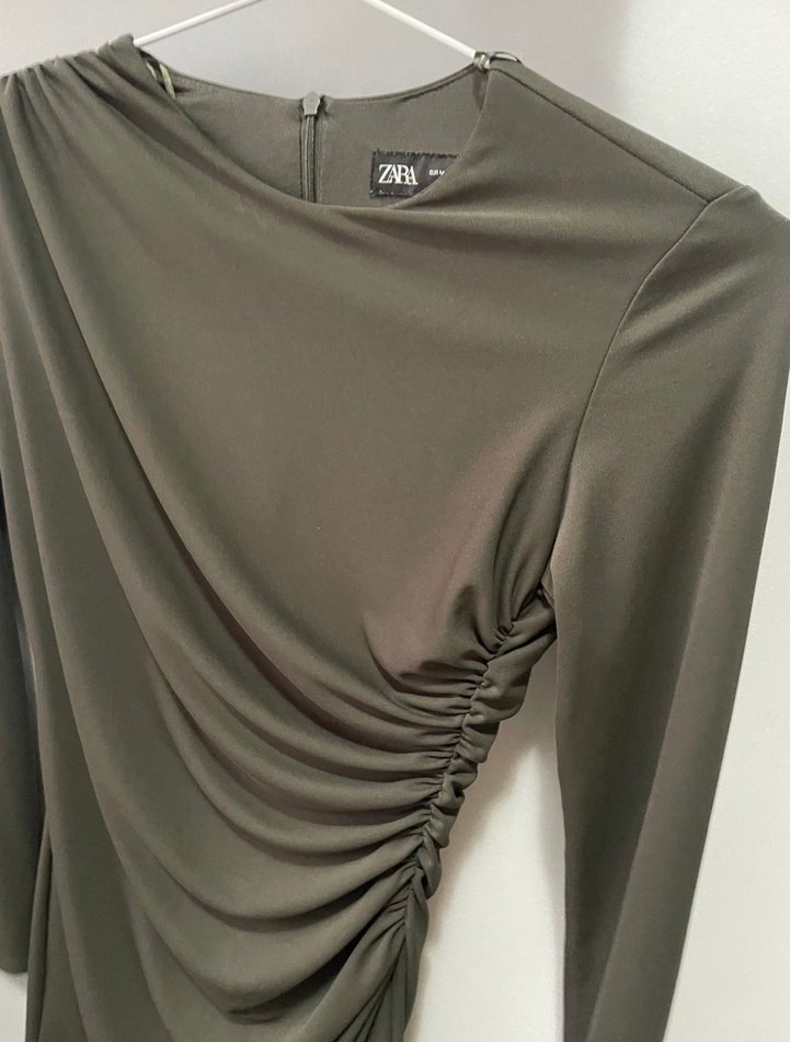 Uzun Kollu, Drapeli Haki Kadın Elbise - Görsel 3