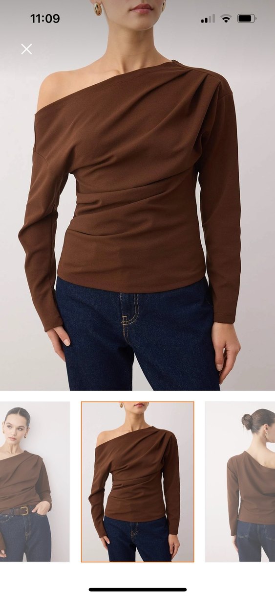 Kahverengi Tek Omuzlu Uzun Kollu Bluz - Görsel 3