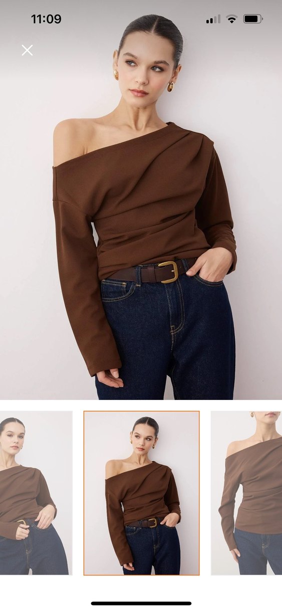 Kahverengi Tek Omuzlu Uzun Kollu Bluz - Görsel 2