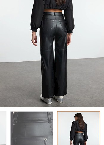 Kadın Siyah Deri Bol Kesim Pantolon - Görsel 2