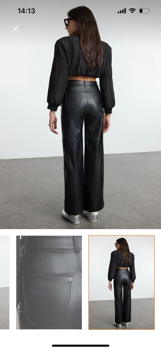 Kadın Siyah Deri Bol Kesim Pantolon - Görsel 2