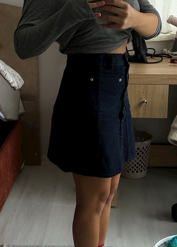 Diğer Düğmeli Lacivert Denim Mini Etek
