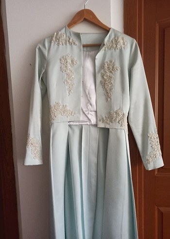 Bej İşlemeli Uzun Kollu Kadın Abiye Elbise - Görsel 4