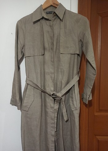 Haki Kemerli Keten Kadın Trençkot - Görsel 3