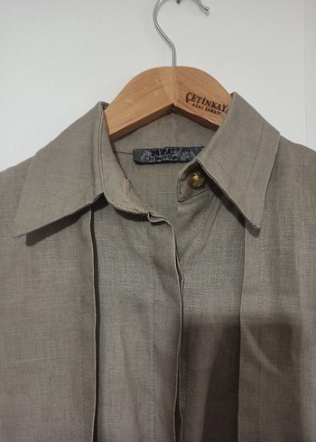 Haki Kemerli Keten Kadın Trençkot - Görsel 2