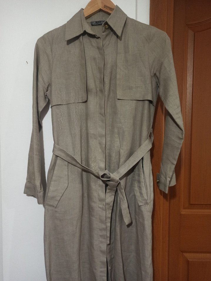 Haki Kemerli Keten Kadın Trençkot - Görsel 3