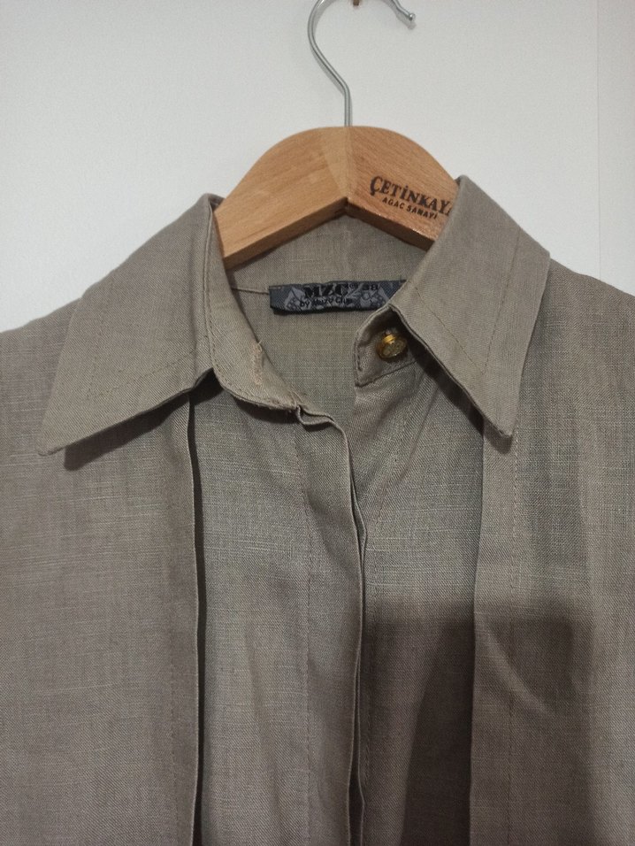 Haki Kemerli Keten Kadın Trençkot - Görsel 2