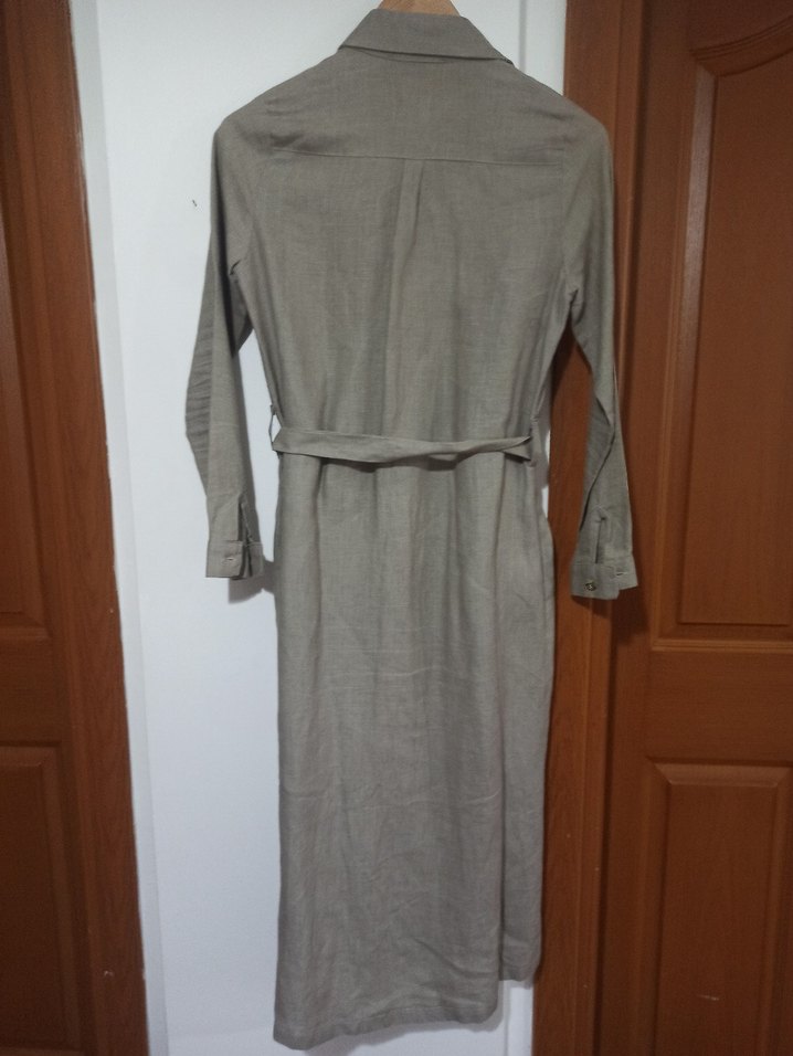 Haki Kemerli Keten Kadın Trençkot - Görsel 4