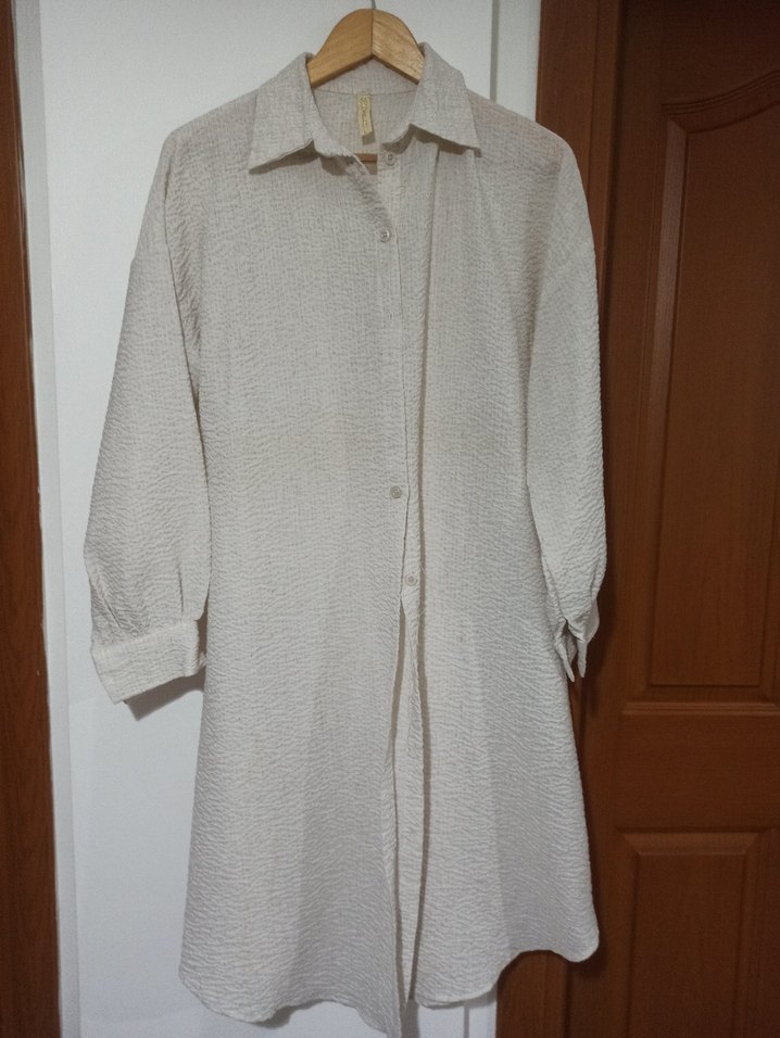 Bej Keten Düğmeli Kadın Gömlek - Görsel 2