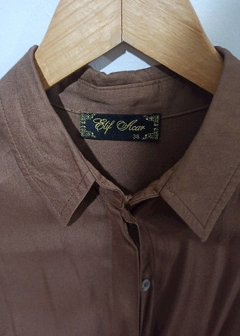 Düğmeli Kahverengi Keten Kadın Gömlek - Görsel 4