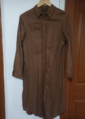 Düğmeli Kahverengi Keten Kadın Gömlek - Görsel 2